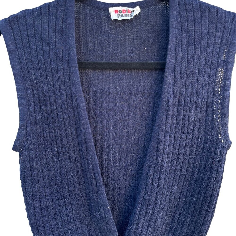 Rodier Paris Vintage French 90s Ribbed Knit V-Neck Librarian Sweater Vest Navy M - Picture 2 of 8